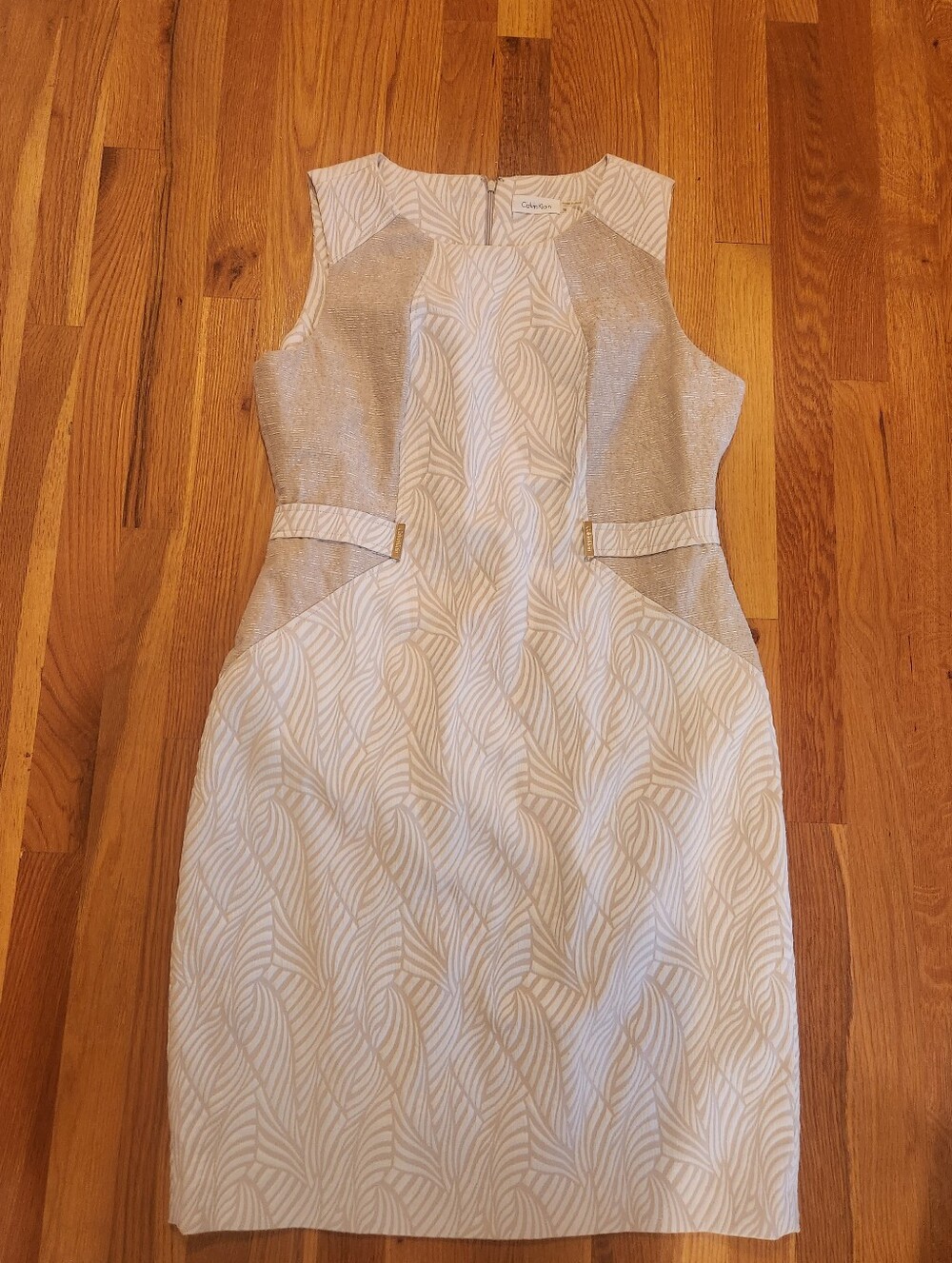 Calvin Klein Sleeveless Cream Patterned Sheath Dress 14